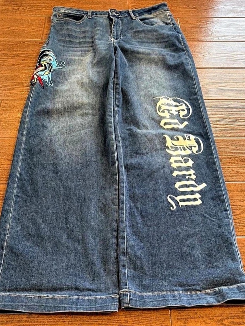 Y2K baggy Ed Hardy blue jeans with embroidered designs, Size: 32x34